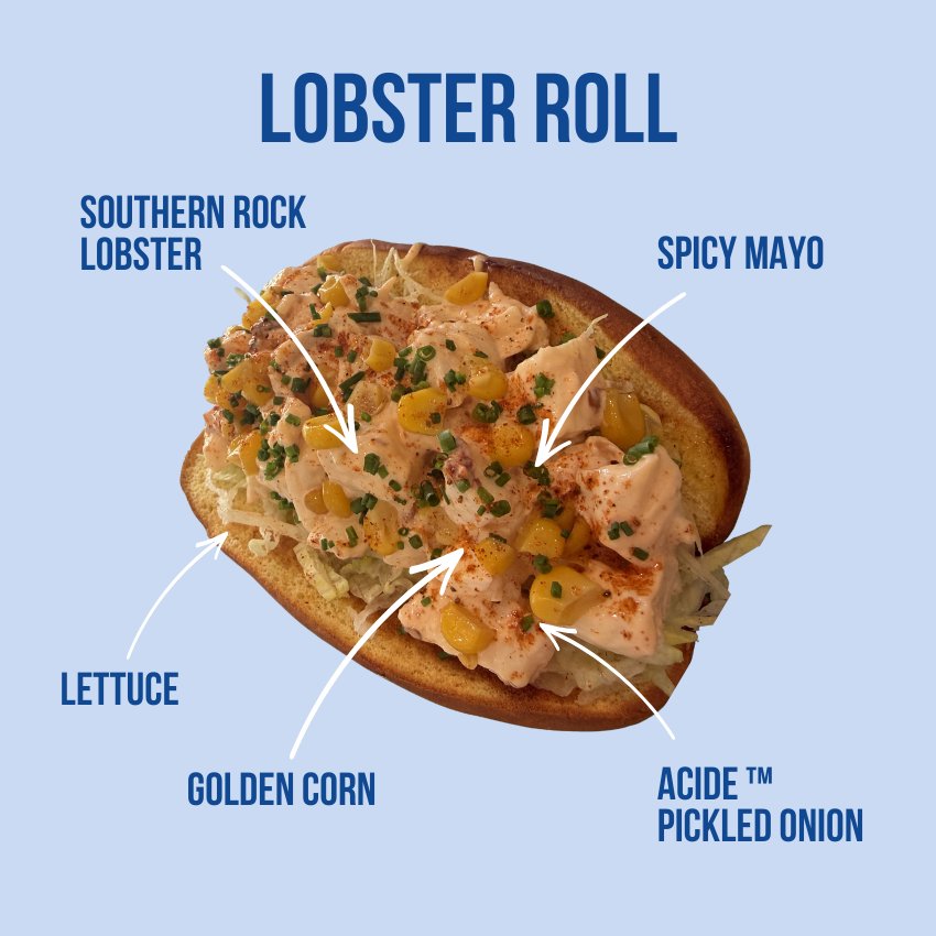 Afishonado Lobster Roll with labelled ingredients: southern rock lobster, spicy mayo, Acide pickled onion, golden corn and lettuce